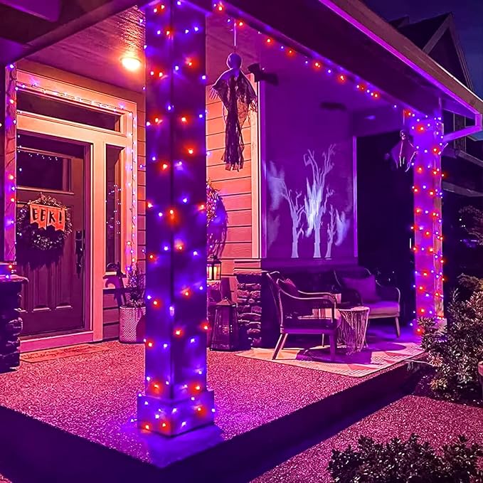 2 Pack Christmas Lights Outdoor, Total 200FT 600 LED Purple Orange String Lights for Outside with 8 Modes Waterproof, Plug in Christmas Decorations for Indoor House Patio Garden Party Holiday