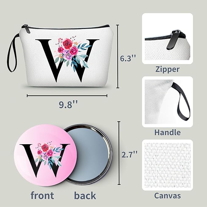 Personalized Makeup Bag With Mirror - Monogram Gift for Daughter, Her Birthday - Cosmetic Bag for Purse - Unique Women's Gift (W)