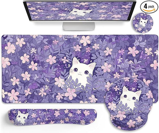 Purple Mouse Pad Large Desk Mat Set, Kawaii Cat Computer Mouse Pad with Wrist Rest Keyboard Wrist Support XXL Mousepad Cup Coaster Set, Cute Purple Office Desk Accessories Cat Decor Supplies