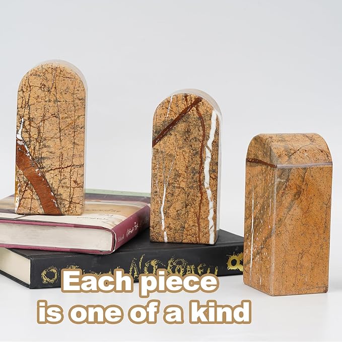 Koville Indian Natural Marble Bookends for Shelves, Decorative Book Ends, 7lbs Heavy-Duty Marble Book Holders, Bookshelf Apartment Decor for Normal Books/CD/Video Games(Rainforest Gold)