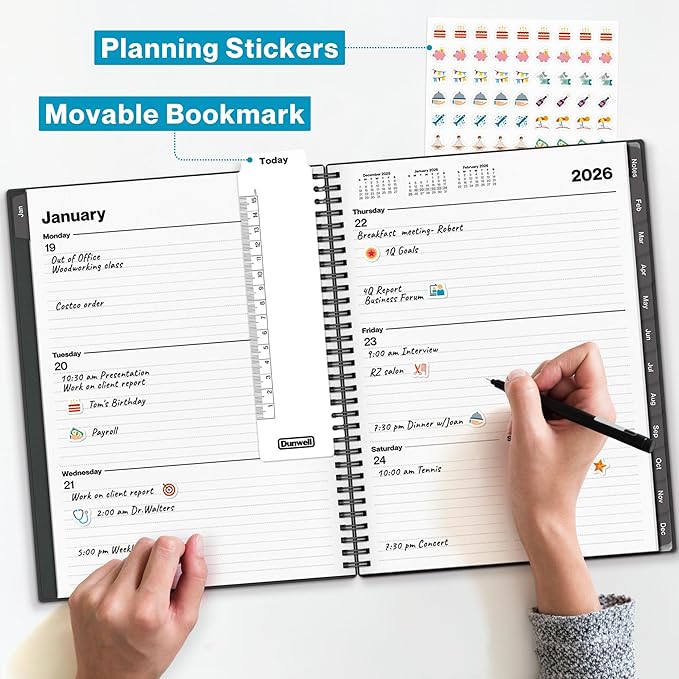 Dunwell Planner Book 2026, 8.5x11 Weekly Monthly Planner, Jan to Dec 2026, Large Calendar Book with Laminated Tabs, Bookmark, Free Stickers, Daily Calendar Planner Organizer