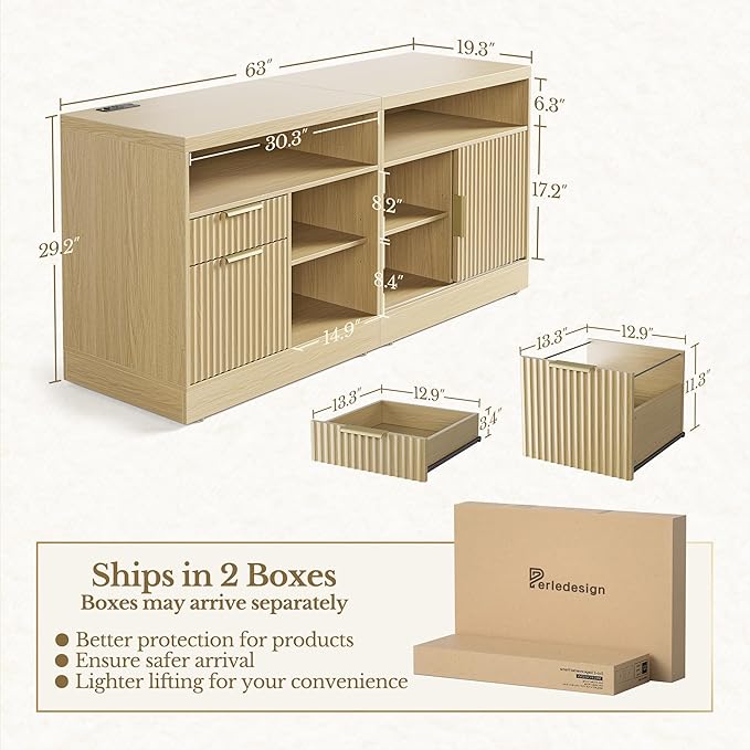 2 Drawer File Cabinet with Lock, 63'' Wood Lateral File Cabinet, Compatible Letter and A4 Size, Fluted Filing Cabinet for Home Office with AC/USB, Adjustable Storage Shelves, Light Walnut