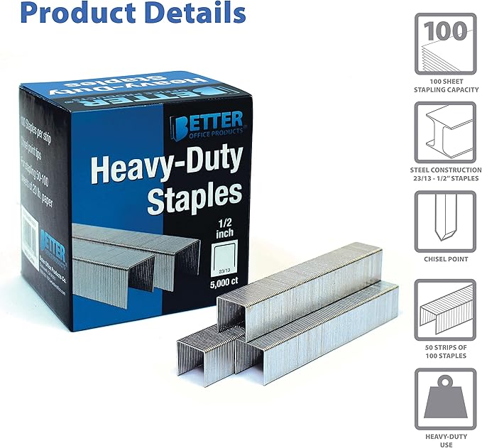 Better Office Products 5,000 Count Heavy Duty Staples, 23/13, 1/2-inch Staples, 100/Strip, Chisel Point Tips, High Capacity,