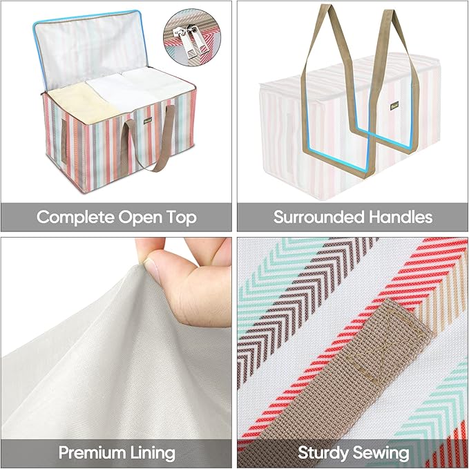 BALEINE Extra Large Storage Tote with Zippers & Carrying Handles, Heavy-Duty Oxford Fabric Moving Bags for Laundry, Space Saving, Storage, Color Stripe