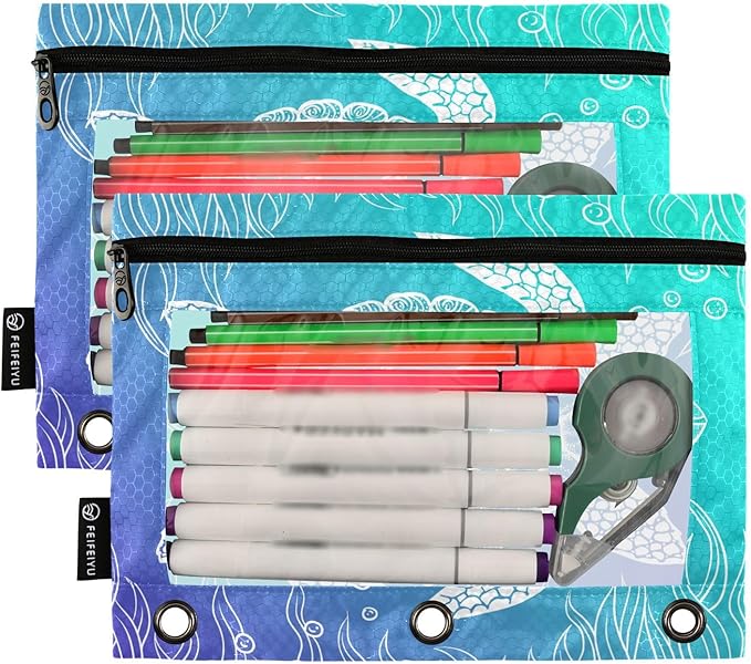 ALAZA Pencil Pouch for 3 Ring Binder, Underwater Sea Turtle Seaweed Print Binder Pencil Pouches with Clear Window Zipper Pencil Case Cosmetic Bags for Office College Supplies, 2PCS