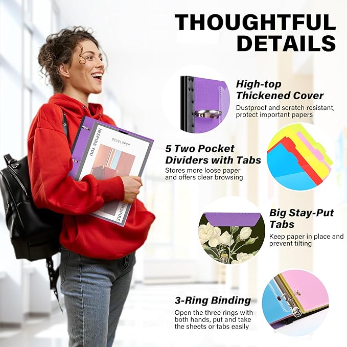 WOT I Telescoping Project Organizer, Refillable 3 Ring Binder with Dividers and Pockets, 13 Pocket Folders, 1 Inch 3 Rings, Purple