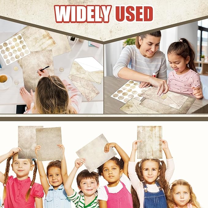 250Pcs Vintage Kraft Stationery Paper and Envelope Set with 100 Letterhead Papers and 50 Envelopes, 10 Design for Letter Writing Invitations Computer Holidays Party Notes, 8.5x11 Inch-Retro