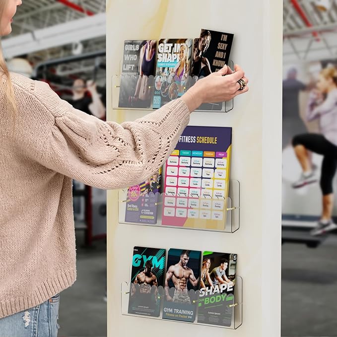 Brochure Holder Wall Mount, 2 Pack Acrylic Modular Flyer with Adjustable Magnetic Golden Bolt, Wavy Lace Pamphlet Display Stand for Organizer Trifold Flyer, Document, Leaflet, 3 Slots