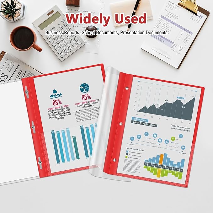 Ndsox 30 Packs Clear Front Report Covers with 3-Prong Fasteners, Plastic Project Presentation Folders Resume Document Covers with Red Back for 8.5" x 11" Letter Size Paper for School Office Business