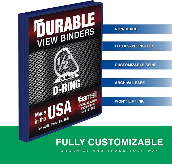 Samsill Durable 0.5 Inch Binder, Made in The USA, D Ring Binder, Customizable Clear View Cover, Dark Blue, Holds 125 Pages