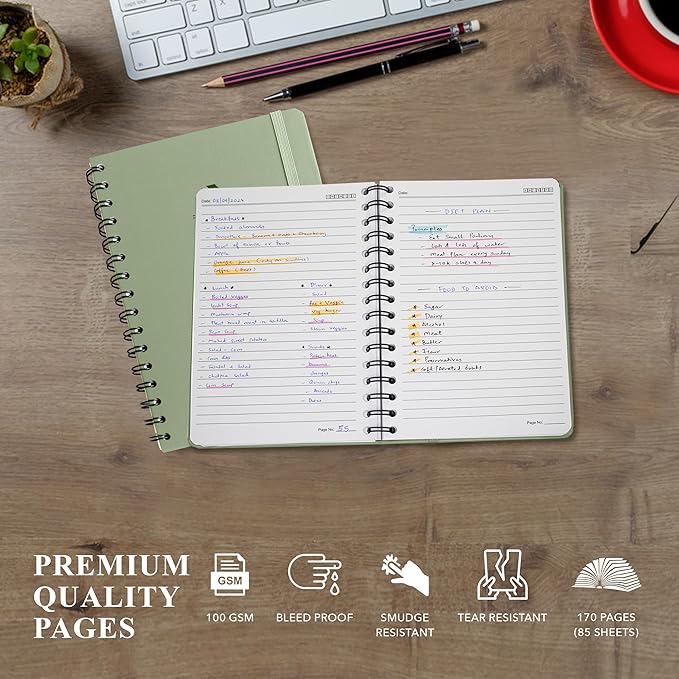 Lined Spiral Notebook Journal For Women & Men - A5 Notebook 170 Pages, Hardcover Journals for Writing & Note Taking, College Ruled Notebook for Work - Green