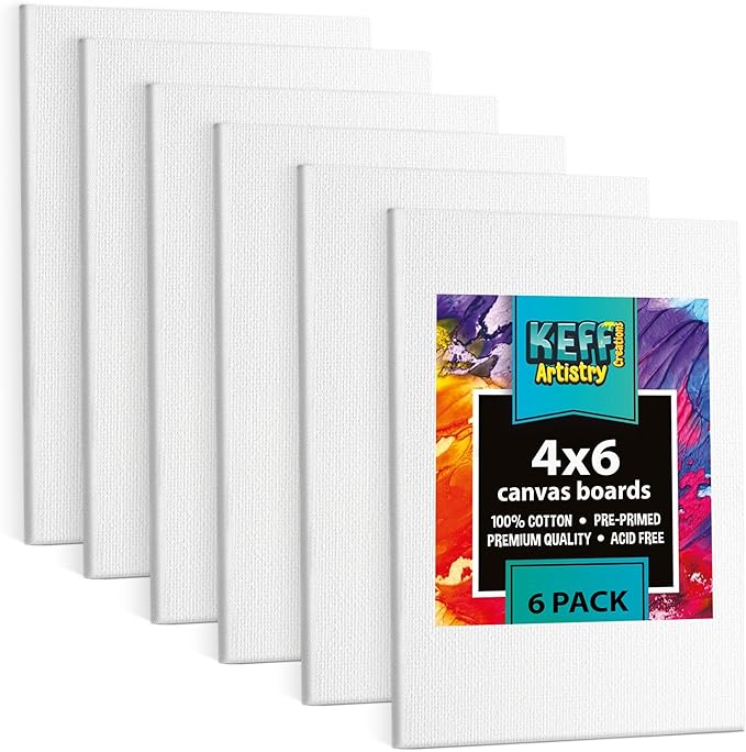 KEFF Canvas Boards for Painting - 4x6 6-Pack Bulk Canvas Panels, 100% Cotton Triple Primed Small Canvases for Painting Supplies, Acrylic, Oil, Watercolor & Tempera