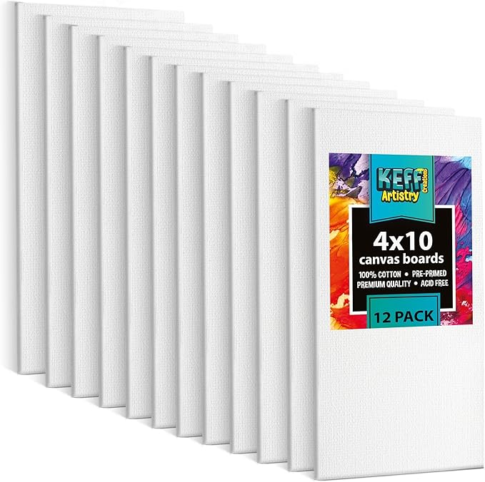 KEFF Canvas Boards for Painting - 4x10 12-Pack Bulk Canvas Panels, 100% Cotton Triple Primed Small Canvases for Painting Supplies, Acrylic, Oil, Watercolor & Tempera