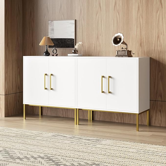 LYNSOM Storage Cabinet with Doors, Set of 3, Modern Buffet Cabinet with Storage, Kitchen Sideboard Buffet, White Wood Accent Cabinet for Living Room, Bedroom, Hallway, Entryway, Office, White