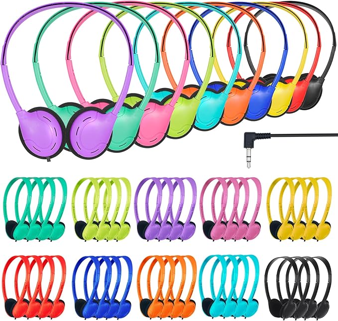 Kids Headphones Bulk Class Set 50 Pack for School Students Classroom Children Toddler Boys Girls Teen and Adult (Multi Color)