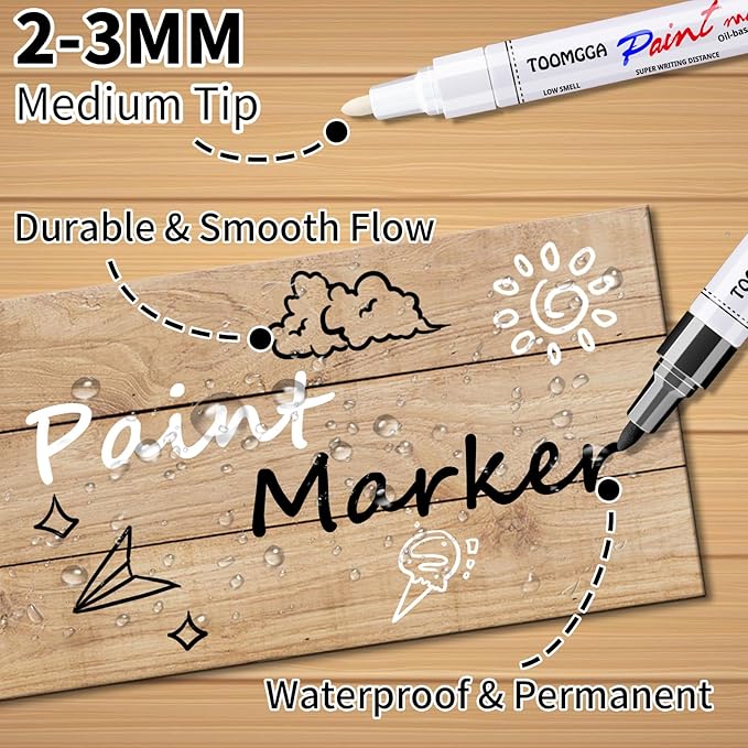 White and Black Permanent Markers Paint Pens - 12 Pack Oil Based Paint Markers, Medium Tip, Quick Drying Pens for Wood, Metal, Rock Painting, Mugs, Canvas, Clothes, Plastic Marking
