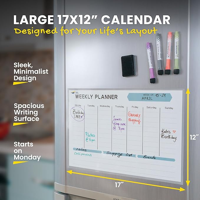 Magnetic Weekly Planner for Fridge – 17x12” Stain-Resistant Weekly Dry Erase Board with Nano Tech – Whiteboard Calendar for 2025 Schedules, Meals & Chores – Easy to Use with 4 Markers & Eraser