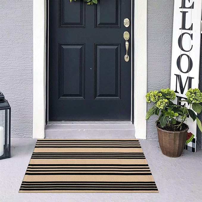 KIMODE Front Door Mats 24"x35", Striped Layered Door Mats Outdoor, Washable Farmhouse Outdoor Porch Decor, Cotton Hand Woven Rugs for Entryway Kitchen Black and Khaki