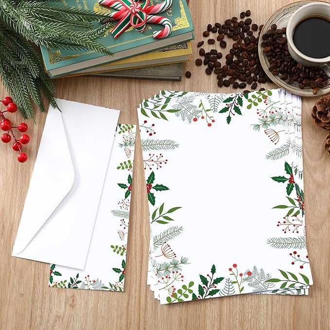 80 Sets Christmas Stationery Paper with Envelopes Christmas Holiday Paper Christmas Envelopes for Christmas Holiday Events Notes Invitation Office(Merry Branch and Holly)