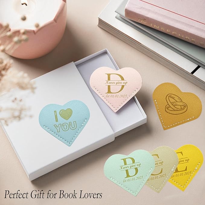 Handmade 3 Pcs Leather Heart Bookmarks - Personalized Corner Page Book Mark with Initials Custom, Cute Reading Gifts for Women Men, Teachers, Students, Mum, Dad, Book Lovers (Love 3 Pcs-Custom)