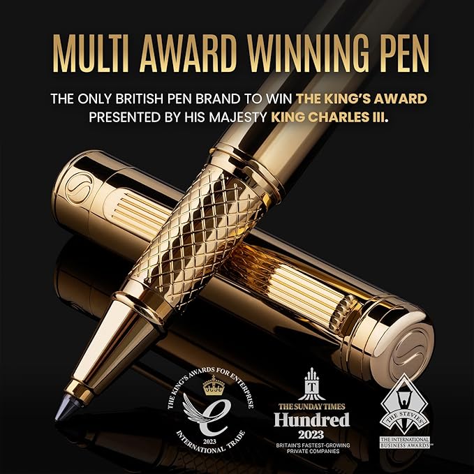 Scriveiner Gold Rollerball Pen - Stunning Luxury Pen, Real Gold Plating, Schmidt Ink Refill, Best Roller Ball Pen Gift Set for Men & Women, Professional, Executive Office, Nice Pens