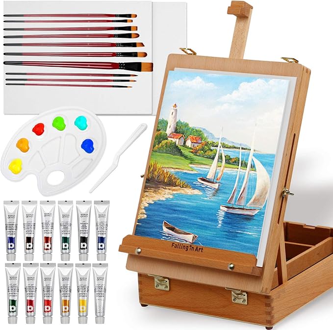 Falling in Art Beechwood Easel Box Set, 27 Pcs Tabletop Acrylic Paint Set, Portable Display Easel Stand with 12 Acrylic Paints, Canvas Panels and Brushes, Suitable for Beginners and Professionals
