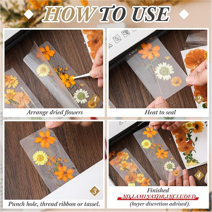 150 Pcs DIY Pressed Dried Flower Bookmark Making Kit, DIY Bookmark Bulk Thanksgiving Teacher Gifts for Reading Women Book Lovers(2 x 6 Inch,Orange Yellow Color)
