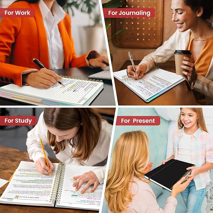 Hardcover Spiral Journal Notebooks for Work With Removable Dividers & Tabs, 8.5"x11" 5 Subject Notebook for Note Taking & Organizer, A4 College Ruled Lined Journal for Women & Writing, Black, 280 Pages