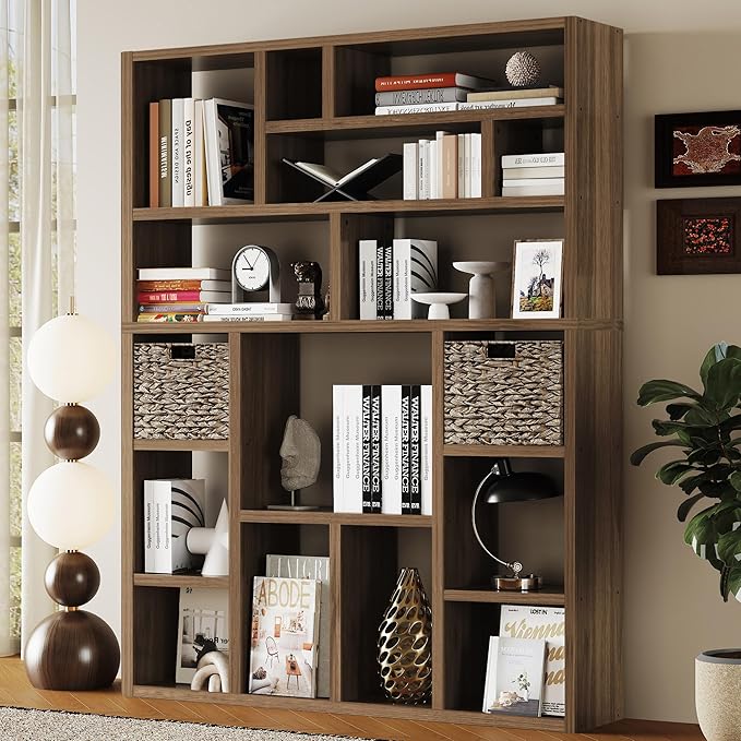 BLANKSPACE 71'' H 6-Tier Large Bookcase, Heavy Duty Storage Shelf - Freestanding Organizer for Bedroom 2 Woven Baskets, Home Office, Living Room, Brown Walnut
