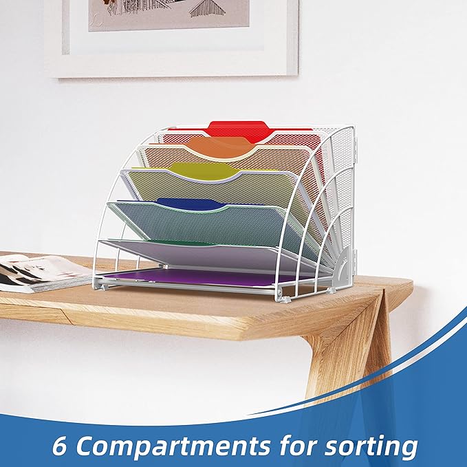 SUPEASY Fan Shaped Desk File Organizer, 6 Compartments for Filing Paper Bills, Letters, Desk Accessories for Workspace, School, Office, Waiting Room, Classroom Storage, White