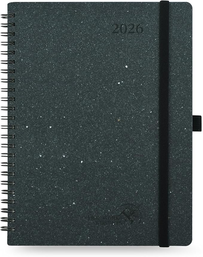 POPRUN 2026 Planner - 2026 Recycled Weekly Planner [Italian Regenrated Leather - Medium Size 6.5'' x 8.5''] - 2026 Weekly Planner with Hourly Schedule, Monthly Tabs-26-WERO7-BGY - Black Grey