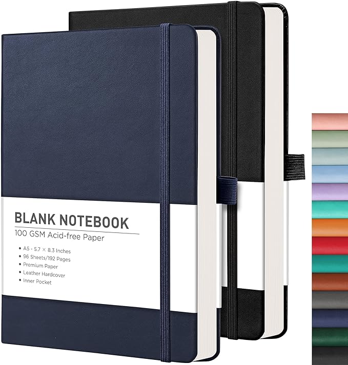 RETTACY Blank Journal Notebook, 2-Pack, 192 Pages per Pack, A5 Medium Size (5.7'' x 8.3''), Leather Hardcover, 100 GSM Thick Paper, for Sketching, Drawing, Painting (Black & Navy Blue)