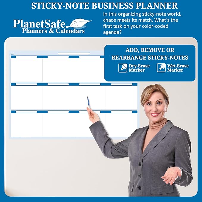 Sky Blue 12 Section Task, Objective and Goals Planning System Horizontal 32" Tall x 48" Wide. Wall Tray, Dry-Erase Marker, Eraser and 600 Sticky-Notes