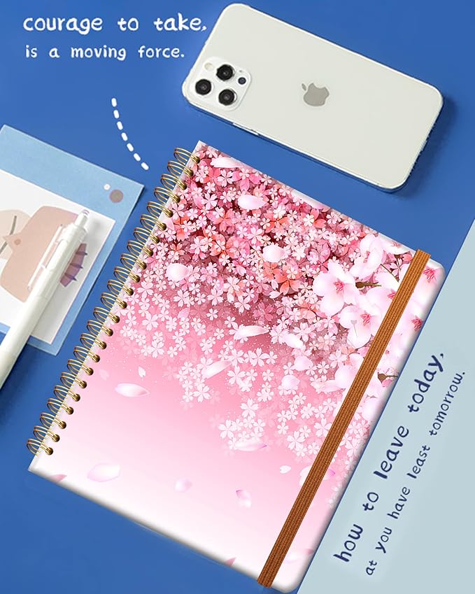 Ruled Spiral Writing Notebook,A5 Hardcover Lined College Journal for Women Lady Girl,Cute Strong Twin-Wire Binding with Premium Paper,8.4" X 6",Perfect for School,Office,Home Gifts(Cherry Blossom