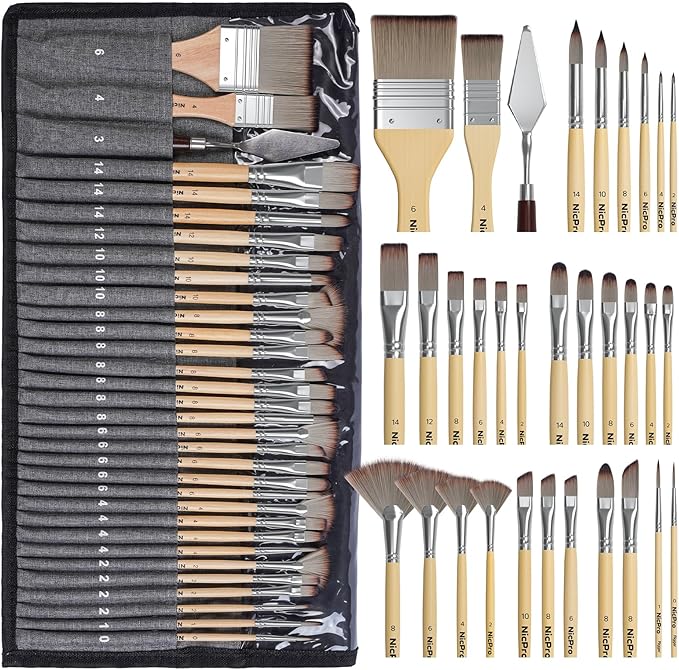 Nicpro 32pcs Paint Brush Set, Professional Paintbrushes with Paint Spatula and Cloth Roll, Craft Paint Brushes for Acrylic Painting, Oil, Watercolor, Gouache, Art Supplies for Artists Beginners