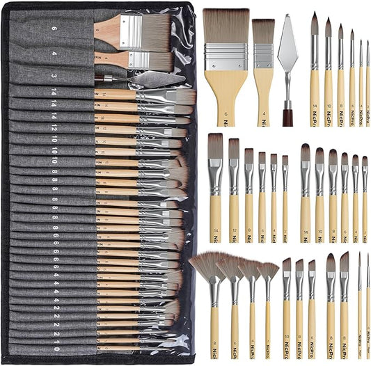 Nicpro 32pcs Paint Brush Set, Professional Paintbrushes with Paint Spatula and Cloth Roll, Craft Paint Brushes for Acrylic Painting, Oil, Watercolor, Gouache, Art Supplies for Artists Beginners