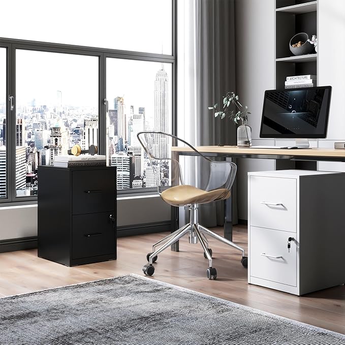 2 Drawer File Cabinet, Metal Vertical Filing Cabinet Under Desk Storage, Small Locking File Cabinets for Home Office, Easy Assemble(Black)