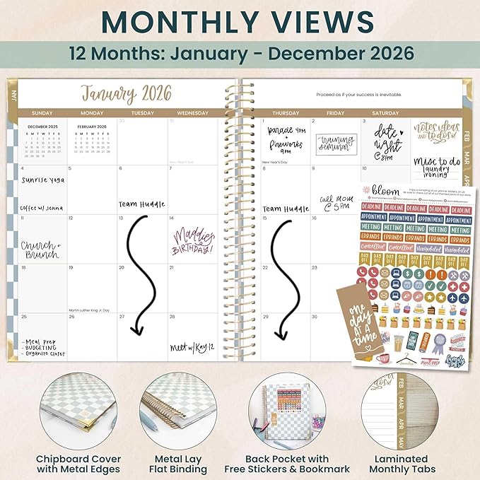 bloom daily planners HARDCOVER 2026 Planner (January to December) - 8.5” x 11” Weekly & Monthly Dated Agenda Organizer Book with Stickers & Tabs - Checkered