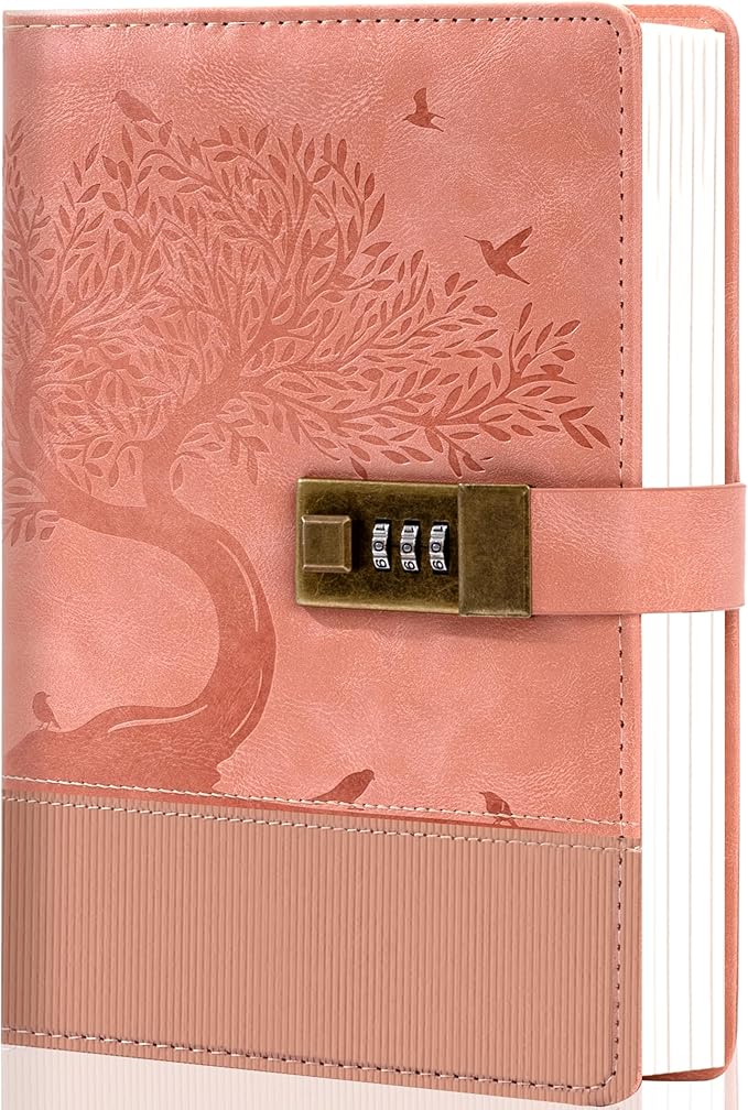 Pink Diary with Lock for Women Girls 256 Pages Leather Password Journal with Lock A5 Vintage Locked Journals for Writing Note Taking, 5.9x 8.3 in