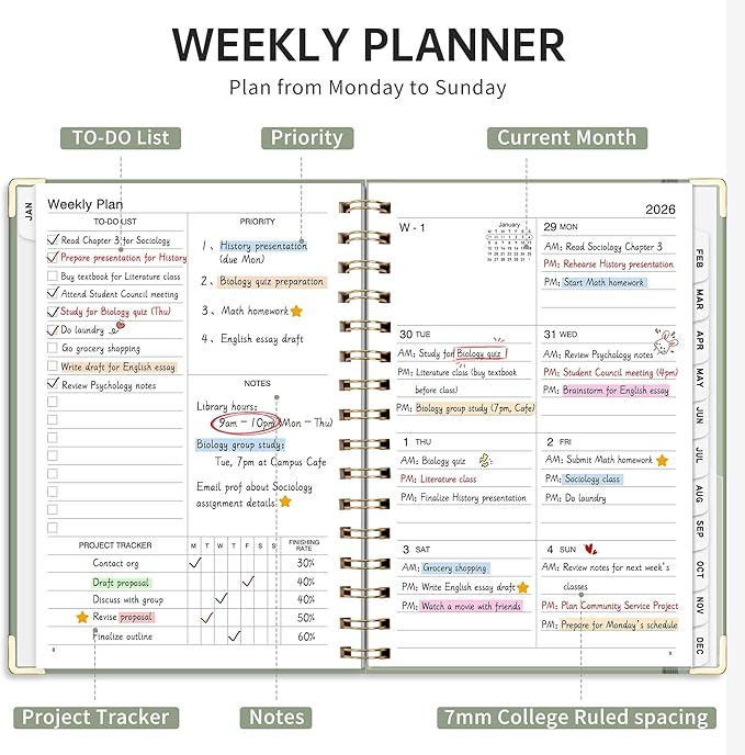2026 Planner, Weekly and Monthly, A5 Size (5.7" x 8.3"), Jan 2026 - Dec 2026, Calendar, To-do List, Agenda, 12-Month Tabs, Hardcover, 100 GSM Thick Paper, Spiral-bound (Light Green)