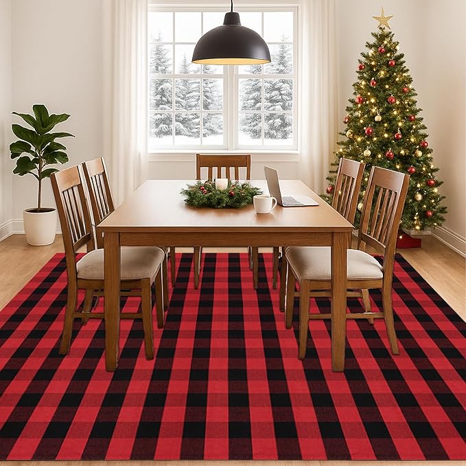 Ckorzen Red and Black Plaid Rug, 8' x 10' Christmas Front Porch Outdoor Rug, Handwoven Cotton Washable Rug for Layered Door Mats, Holiday Entryway and Home Décor