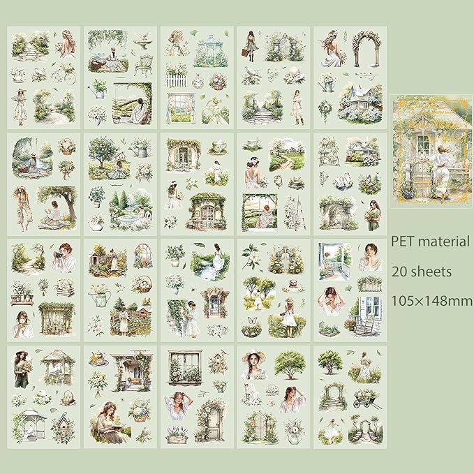 Snycler Green Garden Series Sticker Book - 20 Sheets Vintage PET Stickers for Scrapbooking, Junk Journaling, Ephemera, and Decorative Crafts - Pre-Cut Bright & Cheerful Design Stickers
