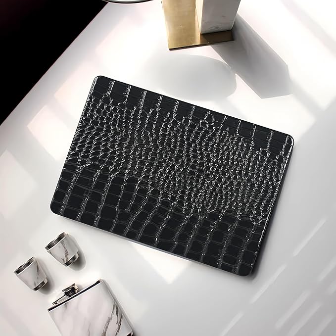KEROM Compatible with Crocodile MacBook Air 15 Inch Case 2025 2024 2023 M4 M3 M2 A3241 A3114 A2941, Textured Elegant Luxury Aligator Skin Snakeskin PU Leather Hardshell & Keyboard Cover, Shiny Black