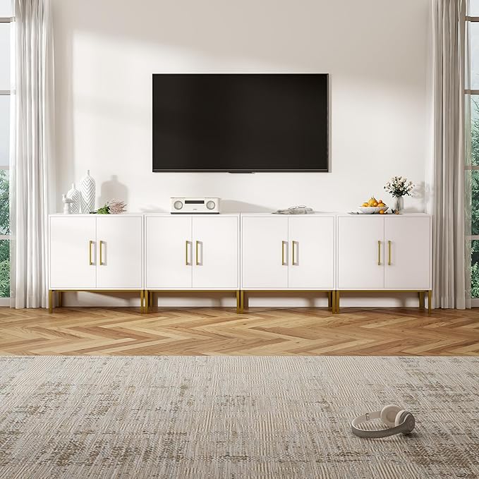 LYNSOM Storage Cabinet with Doors, Set of 4, Modern Buffet Cabinet with Storage, Kitchen Sideboard Buffet, White Wood Accent Cabinet for Living Room, Bedroom, Hallway, Entryway, Office, White