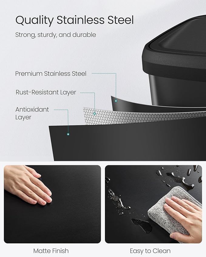 SONGMICS Kitchen Trash Can, 21 Gallon (80 L) Stainless Steel Garbage Can, with Stay-Open Lid and Step-on Pedal, Soft Closure, Tall, Large and Space-Saving, Black ULTB534B01