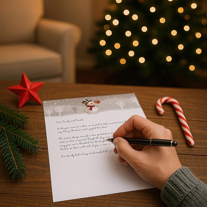 Snowman with Present Christmas Paper - 80 Sheets - Snowy Trees & Gift Design for Christmas Letters, Party Invitations & Seasonal Greetings - 8.5 x 11 - Works with Inkjet & Laser Printers