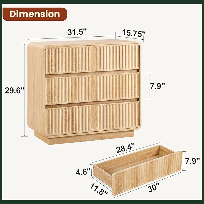Fluted 3 Drawer Dressers for Bedroom, 31.5" Wide Large Mid Century Modern Nightstand 2 Sets W/3 Storage Drawers , Wood Dresser & Chest of Drawers with Curved Profile for Living Room (Natural)
