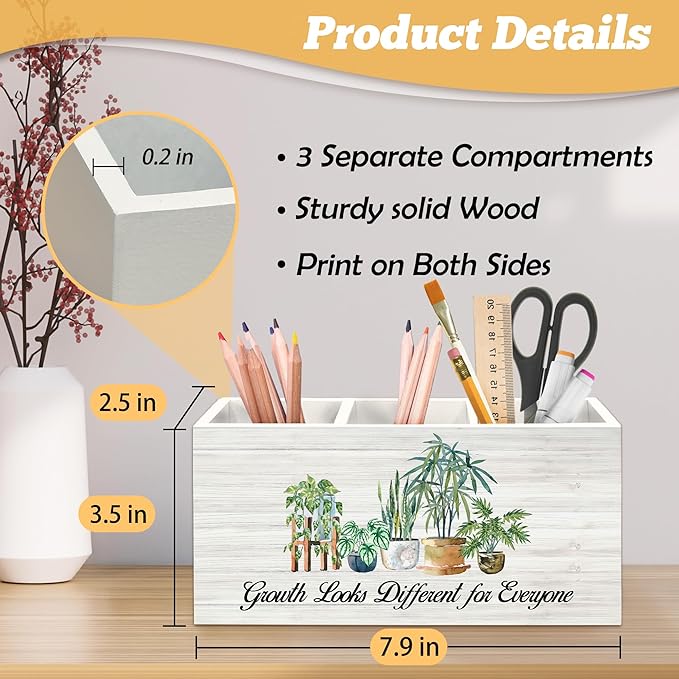 Mental Health Inspirational Pen Holder Organizer for Desk Accessories, Growth Looks Different for Everyone Motivational Wooden Box Desk Decorations for Therapy Counselor Office Decor