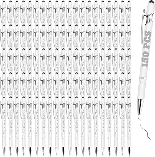 Personalized Pens Bulk 150 with Name Custom Engraving Ballpoint Pens with Stylus Tip Customized Smooth Writing Pens Personalized Gifts for Anniversary Birthday or Graduation(White,Black Ink)