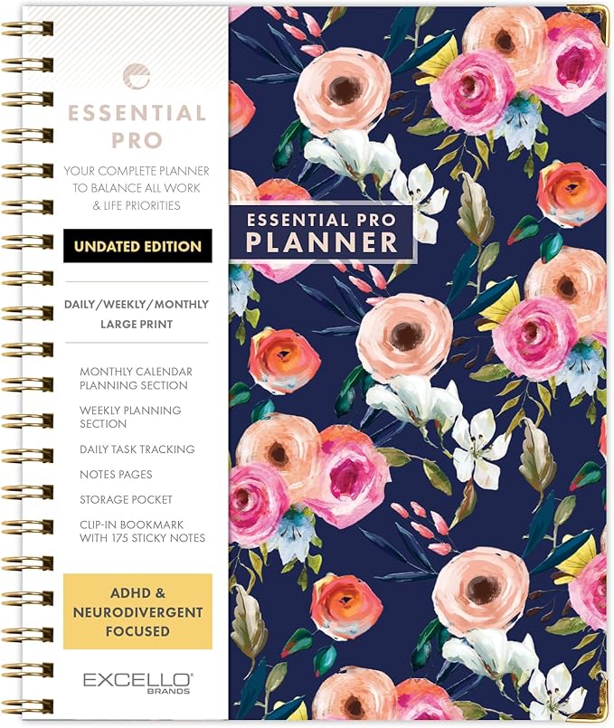 ESSENTIAL PRO Undated Daily, Weekly & Monthly Planner,Monthly Tabs,Daily Tracking,Notes Pages,Storage Pocket,Bookmark w Sticky Notes (Small Navy Floral)